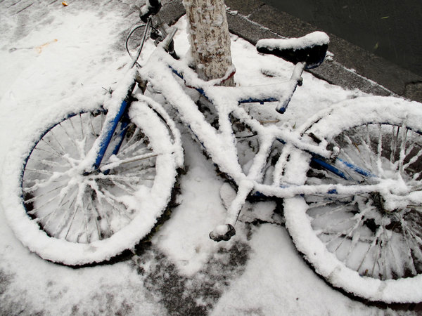 A bicycle is covered by heavy snow in northeast China's Jilin Province, on Nov. 13, 2009. [CFP]