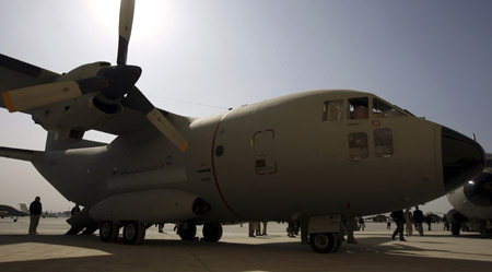 A C-27A transport aircraft, which was given by the U.S. military, is seen at an airbase in Kabul November 15, 2009. [Xinhua/Reuters]