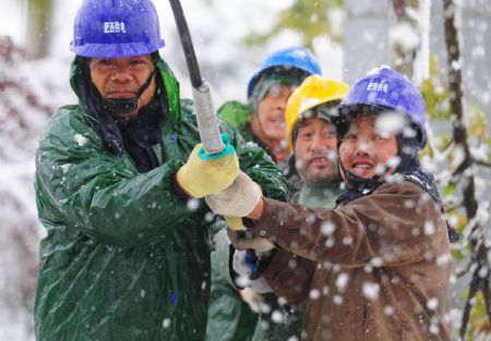 Rescue workers pull while repairing the broken local electrical system amid a heavy snowfall in Feixi county, east China&apos;s Anhui Province Nov. 16, 2009. [Xinhua]