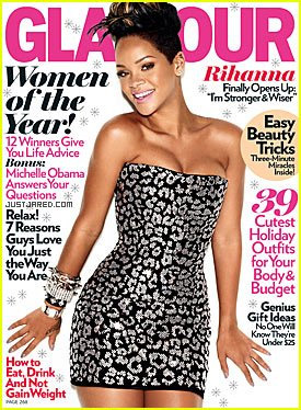 Rihanna poses for the December issue of Glamour magazine. Rihanna has been chosen Glamour Magazine&apos;s Woman of the Year for her poise and grace in handling the physical abuse by ex-boyfriend Chris Brown in February of 2009.[sina.com.cn]