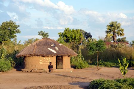 Innocent Apio waits for her two brothers after school in front of their hut at Ajulu village, in Gulu district, northern Uganda, on Oct. 20, 2009. [Tian Ye/Xinhua]