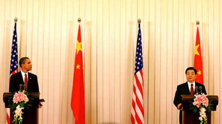 Chinese President Hu Jintao holds a press conference with visiting U.S. President Barack Obama following their official talks at the Great Hall of the People in Beijing on Nov. 17, 2009.