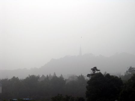 Fog shrouds the city of Hangzhou, capital of east China&apos;s Zhejiang Province, Nov. 26, 2009. City traffic and flights are interupted due to the fog. [Xinhua]