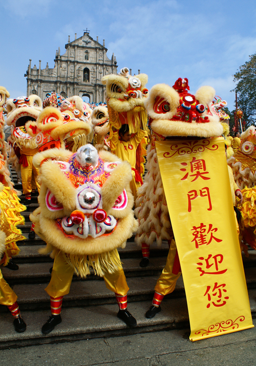 The 'Welcome to Macao' Lion dance is on display during the Spring Festival.