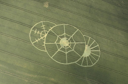 An aerial view shows circles created in a grain field near the north Czech town of Liberec, 110km (70 miles) north of Prague, in this picture taken from a remote helicopter June 30, 2008. The origin of the circles remains unknown.(Xinhua/Reuters File Photo)
