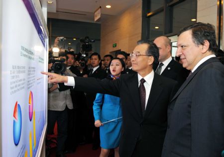 Chinese Premier Wen Jiabao (3rd R), European Commission President Jose Manuel Barroso (1st R) and Swedish Prime Minister Fredrik Reinfeldt (2nd R), whose country currently holds the rotating EU presidency, visit an exhibition on the achievements of cooperation between Jiangsu of China and Europe, after the 12th China-EU summit in Nanjing, capital of east China's Jiangsu Province, Nov. 30, 2009. [Rao Aimin/Xinhua]