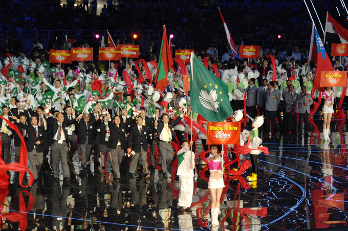 The Macao sports delegation enters the field during the 2nd Asian Indoor Games in Macao. The Games were held in October 2007.