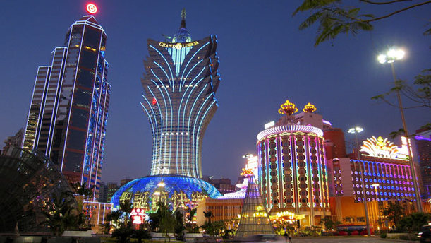 The Macao branch of the Bank of China and lighting of the Hotel Lisboa.