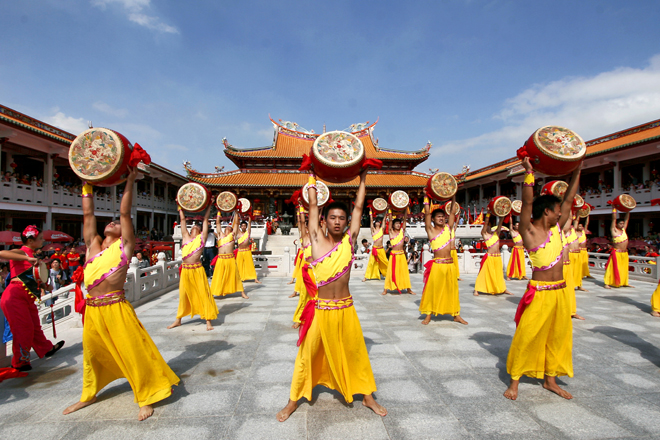 Performers celebrate the Macao Mazu Culture Festival in the front of the Mazu Temple (Goddess Temple). The celebration occurs on Sept. 9 of the Chinese calendar.