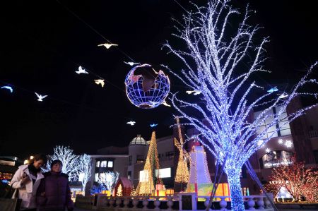 The photo taken on Dec. 8, 2009 shows the lighting scenery at the west gate square of Chaoyang Park in Beijing, capital of China. The lighting sceneries formed by hundreds of thousands of colorful lights were lit for trial before the coming of the New Year Lighting Festival. [Xinhua]