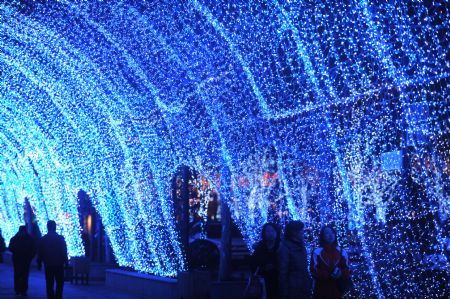 The photo taken on Dec. 8, 2009 shows the lighting scenery at the west gate square of Chaoyang Park in Beijing, capital of China. The lighting sceneries formed by hundreds of thousands of colorful lights were lit for trial before the coming of the New Year Lighting Festival. [Xinhua]