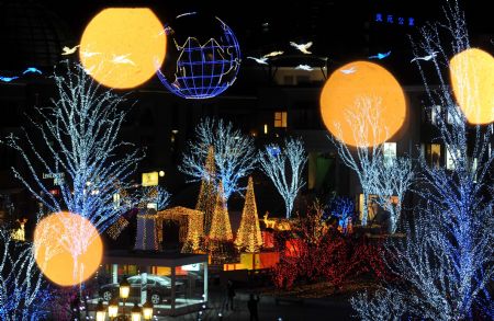 The photo taken on Dec. 8, 2009 shows the lighting scenery at the west gate square of Chaoyang Park in Beijing, capital of China. The lighting sceneries formed by hundreds of thousands of colorful lights were lit for trial before the coming of the New Year Lighting Festival. [Xinhua]