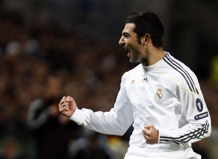 Real Madrid's Raul Albiol reacts after scoring against Olympique Marseille during their Champions League soccer match at the Velodrome stadium in Marseille December 8, 2009.