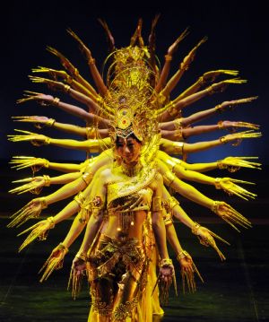 Dancers perform during a dress rehearsal for the Dunhuang dance show "Flying Apsars" in Taipei of southeast China