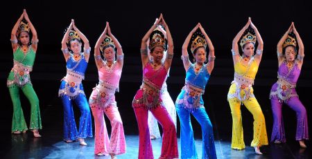 Dancers perform during a dress rehearsal for the Dunhuang dance show "Flying Apsars" in Taipei of southeast China