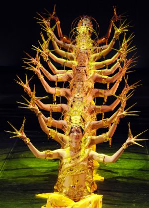 Dancers perform during a dress rehearsal for the Dunhuang dance show "Flying Apsars" in Taipei of southeast China