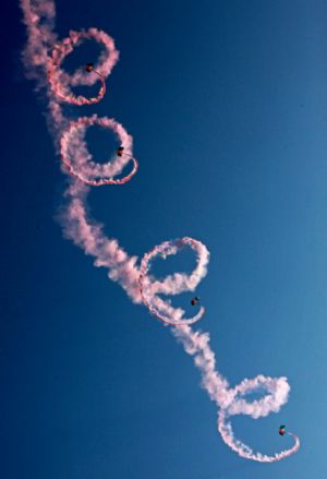 Members of the Bayi (Aug. 1) Parachute Jumping Team of the Air Force of the Chinese People's Liberation Army (PLA) perform to celebrate the 10th anniversary of Macao's return to China, in Macao, south China, Dec. 13, 2009. [Tan Chao/Xinhua]