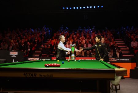 Scottish John Higgins shakes hands with Chinese Ding Junhui before the start of the final of the UK Championship in Telford, Dec. 13, 2009. [Xinhua/AFP]