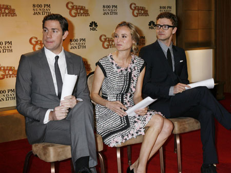 Actors John Krasinski, Diane Kruger and Justin Timberlake (L-R) attend the Golden Globe Award nominations news conference in Beverly Hills, California December 15, 2009. [Xinhua/Reuters]