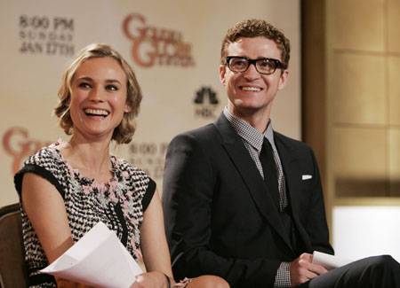 Actors Diane Kruger and Justin Timberlake (R) attend the Golden Globe Award nominations news conference in Beverly Hills, California December 15, 2009.[Xinhua/Reuters]