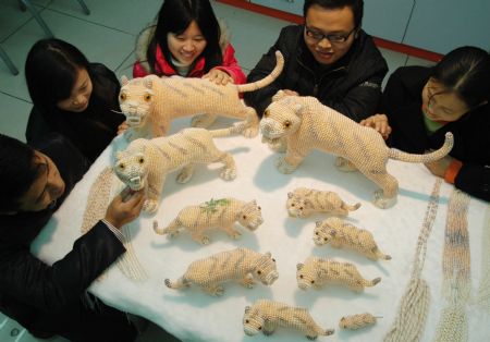 Visitors admire Chinese handicraftsman Ji Xiaoming&apos;s latest works of Pearl Tigers at his jewelry shop in downtown Suzhou, east China&apos;s Jiangsu Province Dec. 15, 2009. The ten pearl tigers were made for the year of 2010, the coming year of the tiger in Chinese lunar calendar. (Xinhua/Zhu Guigen)