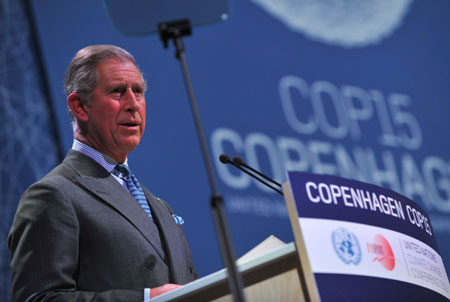 Britain&apos;s Prince Charles addresses the opening ceremony of the high-level segment of UN Climate Change Conference in Copenhagen, capital of Denmark, Dec. 15, 2009 (Xinhua/Wu Wei)