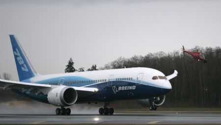 A Boeing 787 Dreamliner accelerates down the runway while taking off on its long-waited first flight at Paine Field In Everett, Washington. More than two years late, Boeing&apos;s 787 Dreamliner jet took to the skies Tuesday, in a critical milestone for the problem-plagued aircraft seen as key to the US aerospace giant&apos;s future.