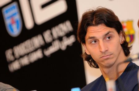 Barcelona&apos;s Zlatan Ibrahimovic listens to questions during a news conference at Movenpick hotel in Kuwait City December 20, 2009. Barcelona will play Kuwait&apos;s Kazma Sporting Club in a friendly soccer match on Monday.