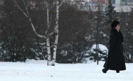 A woman walks on a street covered with snow in Moscow, capital of Russia, Dec. 21, 2009. An overnight snowstorm with a snowfall of over 20 centimeters in some area hit Moscow, causing traffic jams. (Xinhua/Lu Jinbo) 