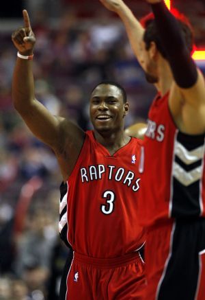 Toronto Raptors guard Marcus Banks reacts on the court during the second half of their NBA basketball game against the Detroit Pistons in Auburn Hills, Michigan December 23, 2009.