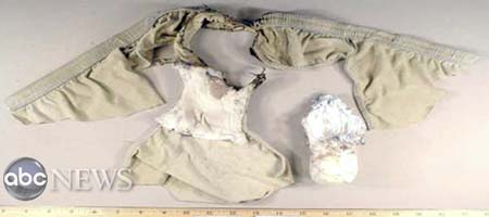 A slightly charred and singed underpants with the explosive packet removed from the crotch is seen in government photos obtained exclusively by ABC News, released to Reuters, Dec. 28, 2009.[Xinhua/Reuters]