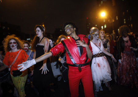 A dance group performs Michael Jackson's Thriller dance at a Halloween parade in Greenwich Village in New York in this October 31, 2009 file photo. The 14-minute 'Thriller' video is among 25 films the Library of Congress on Wednesday named to the registry, and it became the first music video included in the 2009 list of cultural treasures that will be preserved for all time.