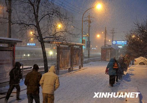 Snow increases before daybreak on January 3, 2010, after the weather bureau raised the alert for cold wave. [Xinhua]