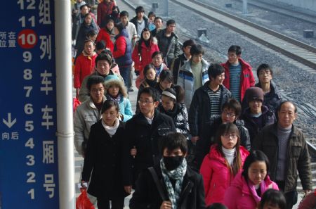 Passengers walk on the platform after their arrival in Hefei railway station in Hefei, capital of east China's Anhui Province, Jan. 3, 2010. The railway service in Hefei railway station faced passenger peak as the new year holiday came to an end. (Xinhua/Li Jian) 