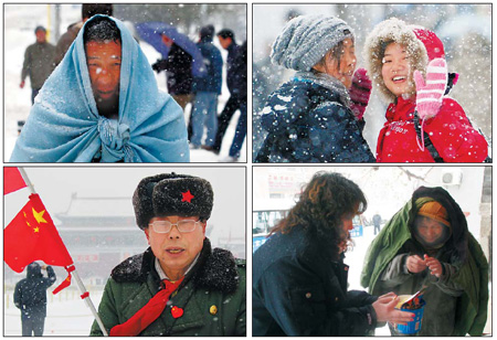Pictures show people walking in the streets (top two), a homeless person receiving food from a shelter official on patrol (above right) and a tourist at the Tian'anmen Square in Beijing yesterday. Photos by Du Lianyi, Wang Jing, Yan Xiaoqing and [Liu Haifeng]
