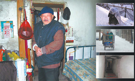 Clockwise from left: Zhu Chuanjin, 83, keeps warm in his home in Beijing, which he shares with his family. He has only one electric heater in his living room; Zhao Qing, a 70-year-old beggar from Shandong province, wanders Haidian district; Zhang Kongjun, a bottled water delivery man, rides his tricycle in Nanluoguxiang on Sunday; and a corridor leading to some basement apartments in the capital.