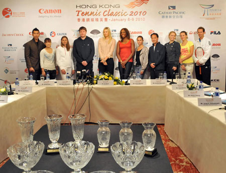 Participant players pose at a press conference in Hong Kong, south China, Jan. 4, 2010. The Hong Kong Tennis Classic 2010 tournament will be held in Hong Kong on Jan. 6-9. Top tennis stars would represent four teams, namely Europe, Asia Pacific, Russia and the Americas in the tournament. (Xinhua/Lo Ping Fai)