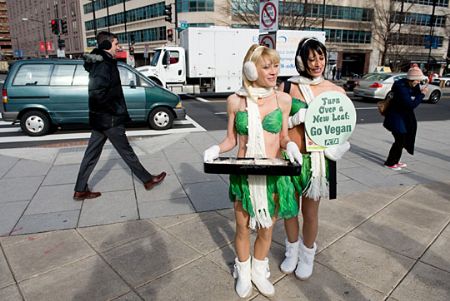 Two activists &apos;Lettuce Ladies&apos; of PETA promote their new tofu sandwiches in cold winter at Farragut Square, Washington of the United States, Jan. 4, 2009.[chinanews.com.cn]