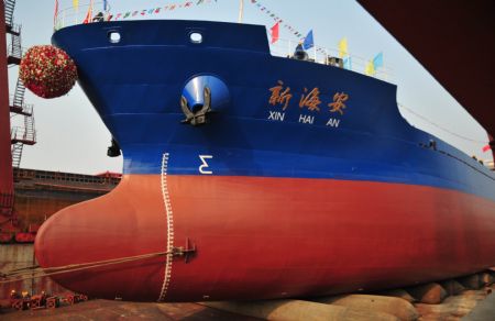 Photo taken on Jan. 6, 2010 shows new bulk carrier 'Xin Hai An' set afloat in Wuhu, a port city along the Yangtze River in east China's Anhui province. (Xinhua/Reuters Photo