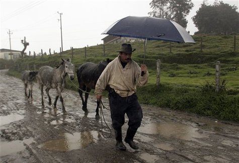        AP Photo -       Victor Gomez leads his horses to safety on the slope of the Turrialba volcano, in La Central de Turrialba, 42 miles east of San Jose, Wednesday, Jan. 6, 2010. Costa Rica