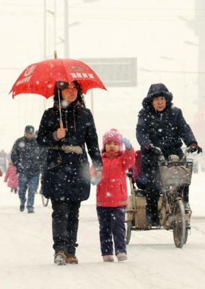 Pedestrians walk in the street during a snowfall in Shijiazhuang, capital city of north China&apos;s Hebei Province, Jan. 3, 2010.[Xinhua]