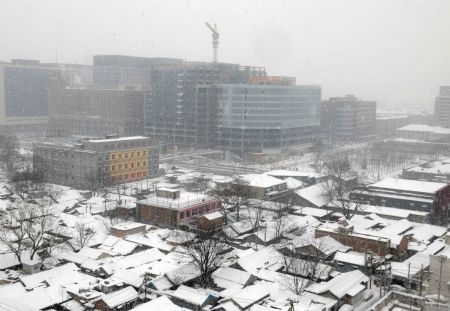 The roofs of houses are covered by snow in Beijing, China, Jan. 3, 2010. Heavy snow hit Beijing on Sunday to close expressways, delay flights and disrupt bus services. [Xinhua]