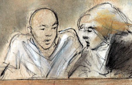 This courtroom drawing shows accused Christmas Day Bomber Umar Farouk Abdulmutallab (L) with his defense attorney Miriam Siefer in Federal court in Detroit, Michigan. Jan. 8, 2010. A federal judge on Friday entered a not guilty plea on behalf of Abdulmutallab, the 23-year-old Nigerian accused of an attempt to blow up a Detroit-bound jetliner that has prompted a sweeping review of U.S. security procedures. (Xinhua/Reuters Photo) 