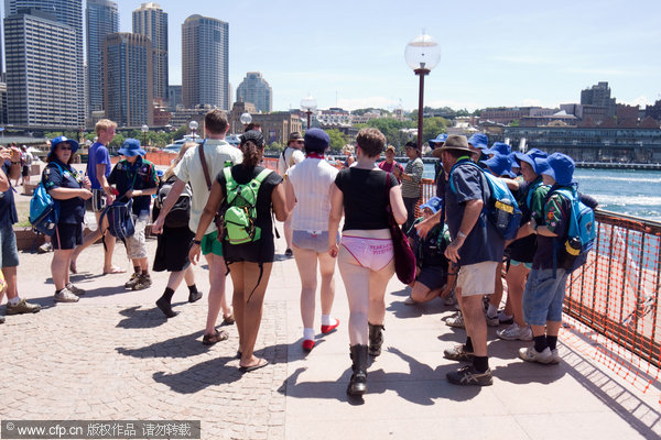 January 10, 2010, Sydney, New South Wales, Australia: Having grown from a small event in 2002 in New York to a global phenomenom, the &apos;No Pants Train Ride&apos; in Sydney drew double the number of participants for its second ride. Completing one and a half circuits of the City Circle CBD loop, they disembarked at Circular Quay and walked to the Opera House for trophy photos. [CFP]