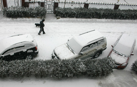 A pedestrian walks with a dog during a snowfall in Hohhot, north China&apos;s Inner Mongolia Autonomous Region, Jan. 3, 2010.[Xinhua]