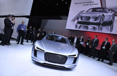 A new Audi E-tron is unveiled during the media preview of the 2010 North American International Auto Show (NAIAS) at Cobo center in Detroit, Michigan, U.S.A., Jan. 11, 2010. [Xinhua]