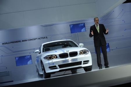 A BMW Concept Active E is unveiled during the media preview of the 2010 North American International Auto Show (NAIAS) at Cobo center in Detroit, Michigan, U.S.A., Jan. 11, 2010. [Xinhua]