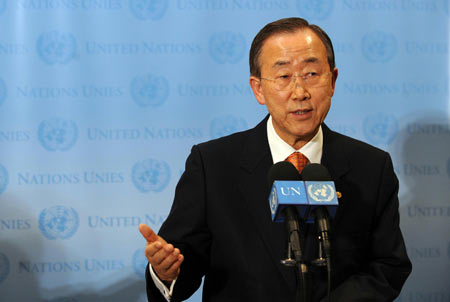UN Secretary-General Ban Ki-moon speaks to the media at the headquarters of the United Nations in New York, the United States, Jan. 11, 2009. Heralding 2010 as the year of development, Ban Ki-moon on Monday underscored the urgent need to ensure that action is accelerated to achieve the Millennium Development Goals (MDGs), eight anti-poverty targets with a 2015 deadline.(Xinhua/Shen Hong) 