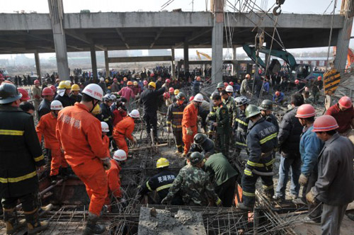 A rescue team searches for victims after a construction site scaffolding collapsed Tuesday, January 12, 2010, in Wuhu City, East China's Anhui Province. [Photo: Xinhua] 