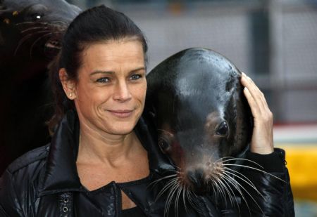 Princess Stephanie of Monaco poses with sea lions two days before the opening of the 34th International Circus Festival of Monte Carlo, January 12, 2010.